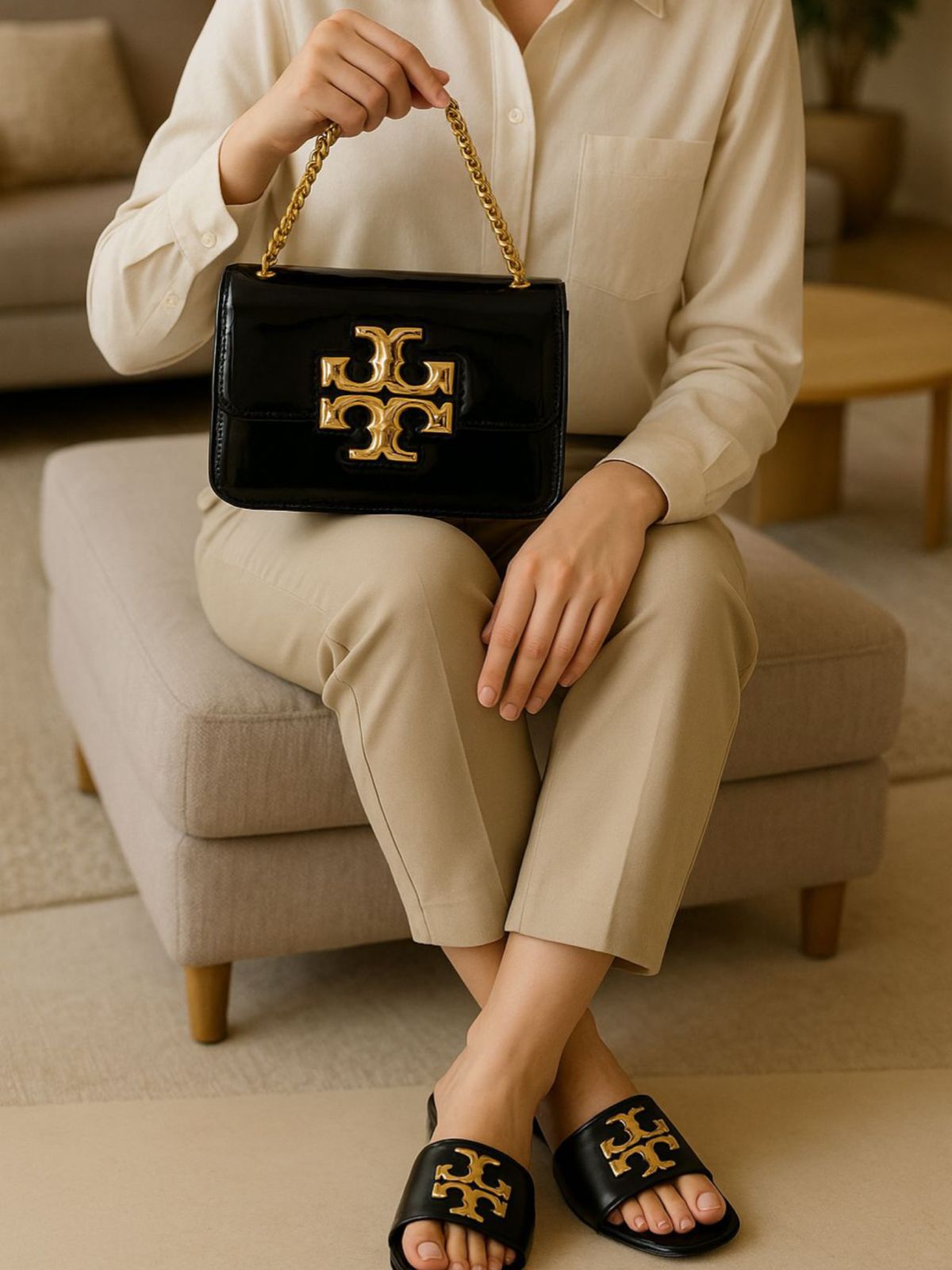 Tory Burch Flat Slipper +  High Quality Cross Body Bag With Long Chain