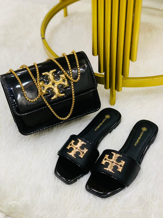 Tory Burch Flat Slipper +  High Quality Cross Body Bag With Long Chain