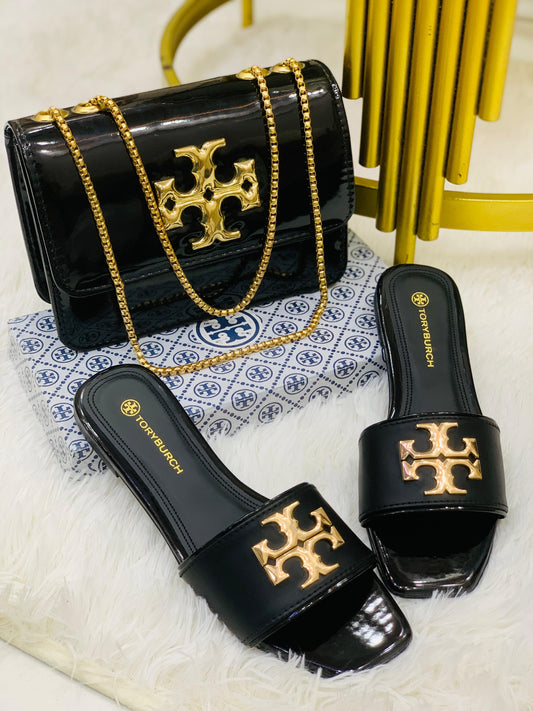 Tory Burch Flat Slipper +  High Quality Cross Body Bag With Long Chain