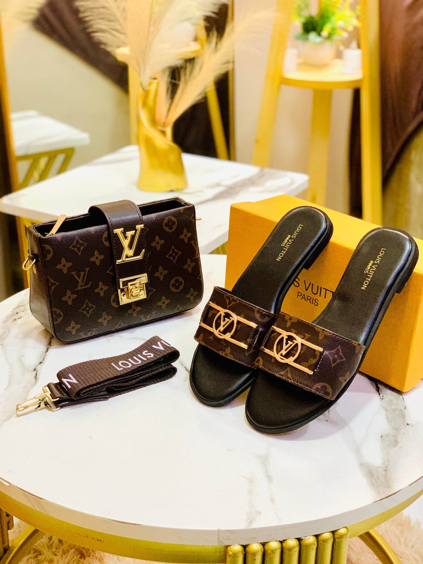 Louis Vuitton LV Lock it Slipper + Louis Vuitton LV Cross Body Bag