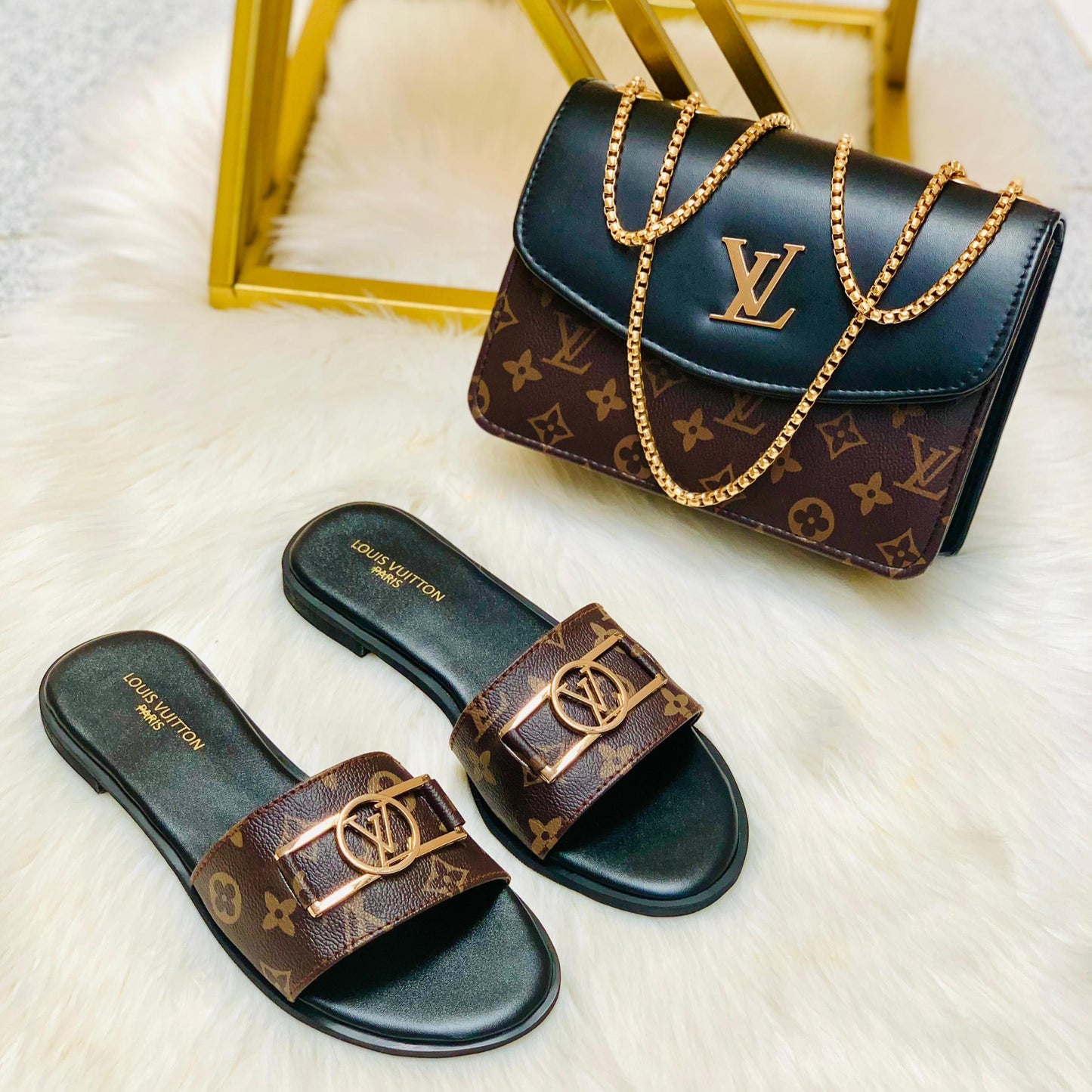 Louis Vuitton LV Lock it Slipper + Louis Vuitton LV Cross Body Bag