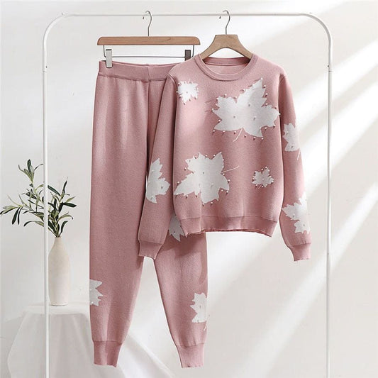 Leaf Printed Pearls Work Style 2-Pcs Winter Tracksuit