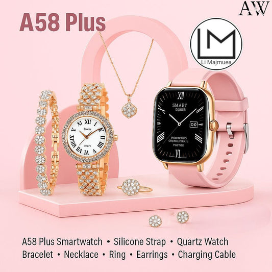 A58 LADIES SMART WATCH With One Gold Watch And Jewellery Items For Free