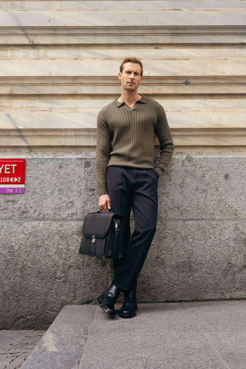 Rib Knit Polo Sweater