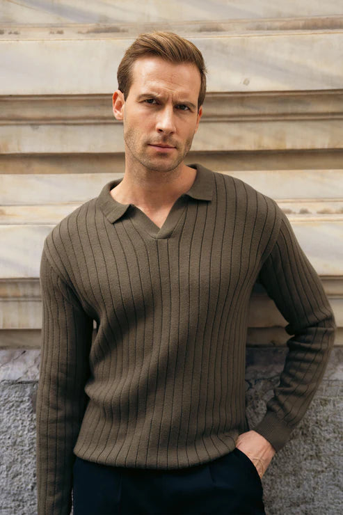 Rib Knit Polo Sweater