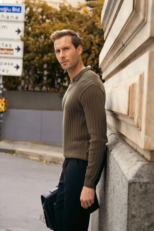 Rib Knit Polo Sweater