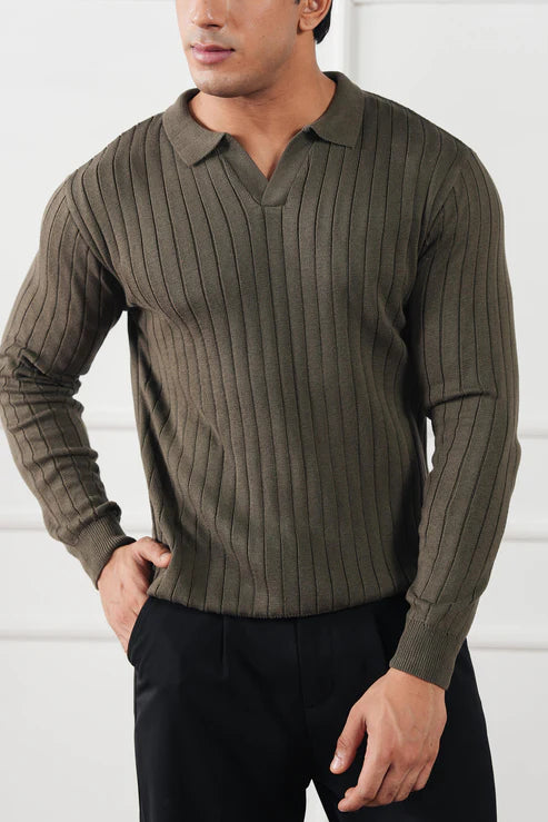 Rib Knit Polo Sweater