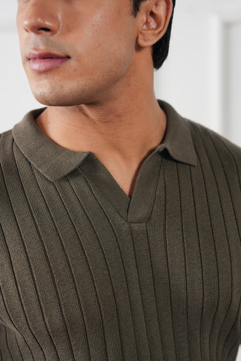 Rib Knit Polo Sweater