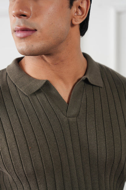 Rib Knit Polo Sweater