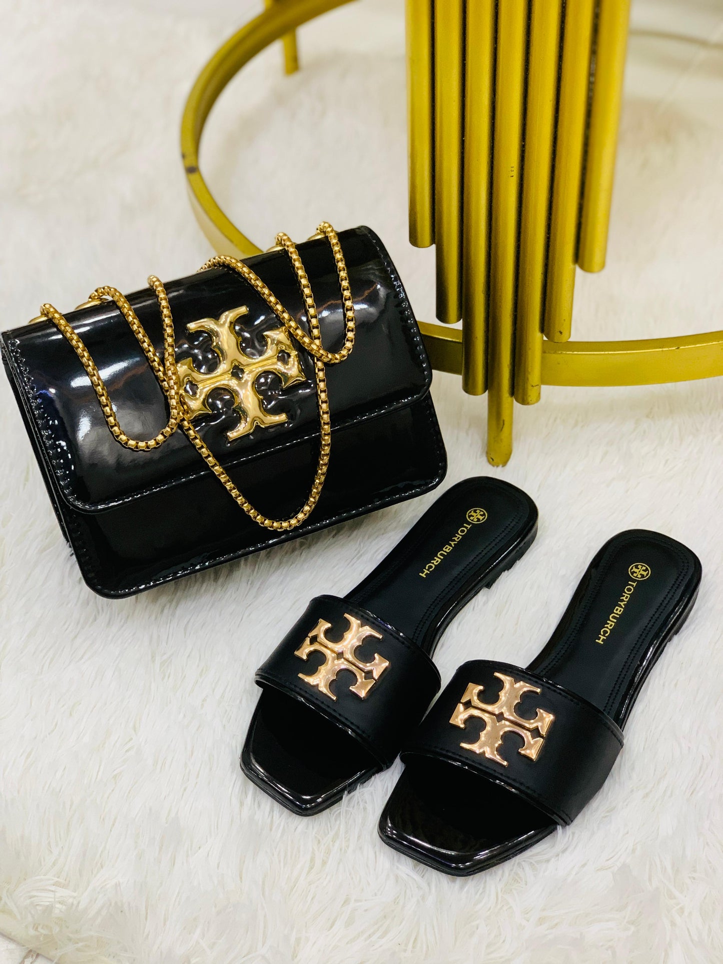 Tory Burch Flat Slipper +  High Quality Cross Body Bag With Long Chain