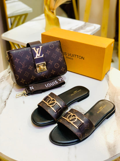 Louis Vuitton LV Lock it Slipper + Louis Vuitton LV Cross Body Bag