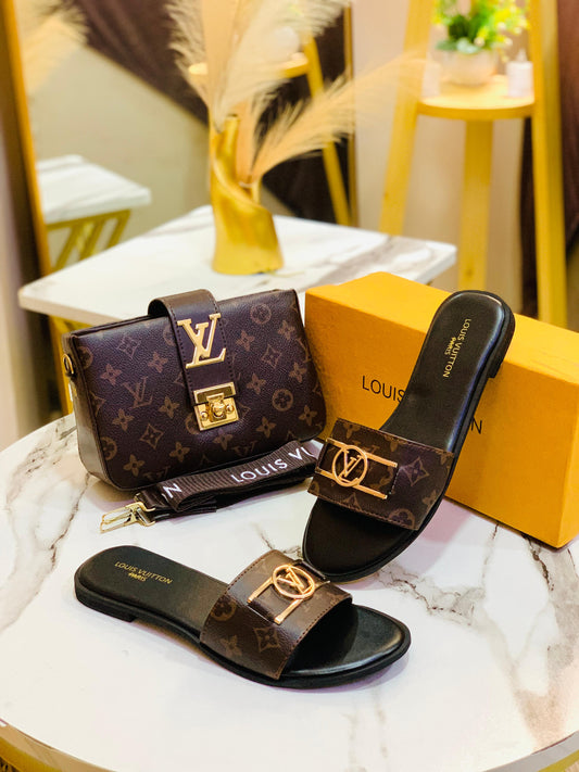 Louis Vuitton LV Lock it Slipper + Louis Vuitton LV Cross Body Bag