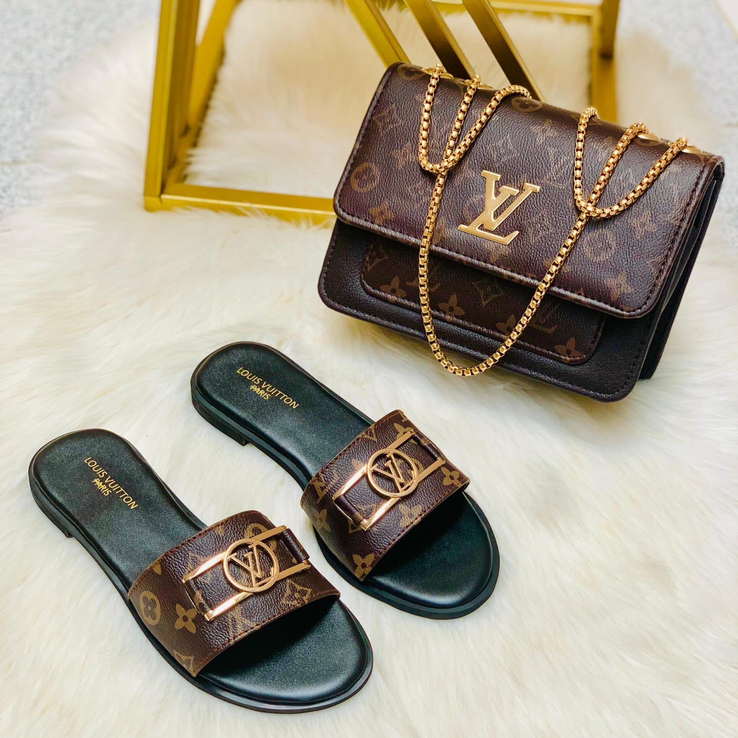 Louis Vuitton LV Lock it Slipper + Louis Vuitton LV Cross Body Bag