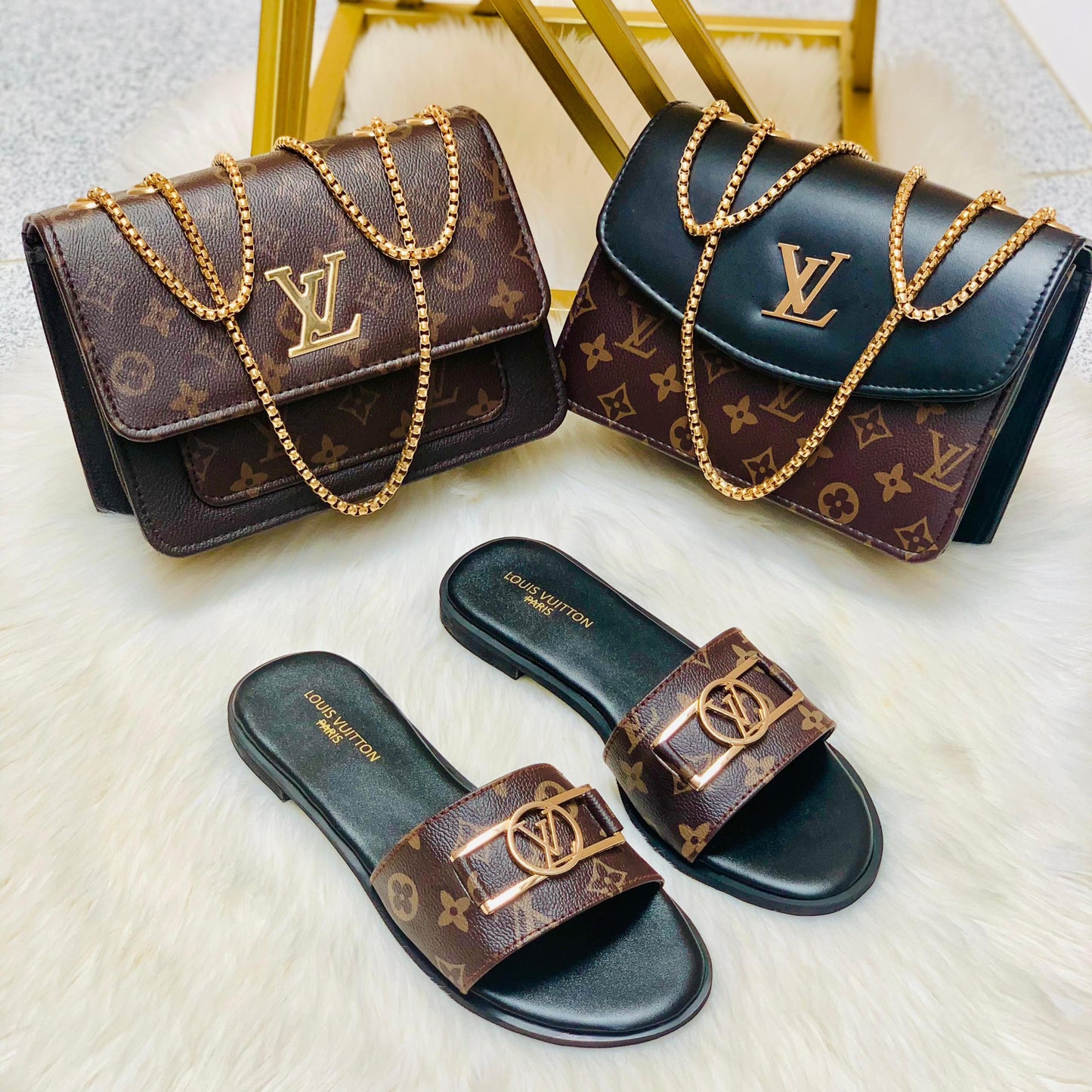 Louis Vuitton LV Lock it Slipper + Louis Vuitton LV Cross Body Bag
