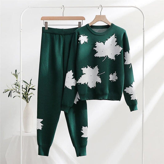 Leaf Printed Pearls Work Style 2-Pcs Winter Tracksuit