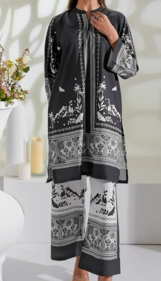 Two-piece ensemble crafted from premium Swiss lawn fabric