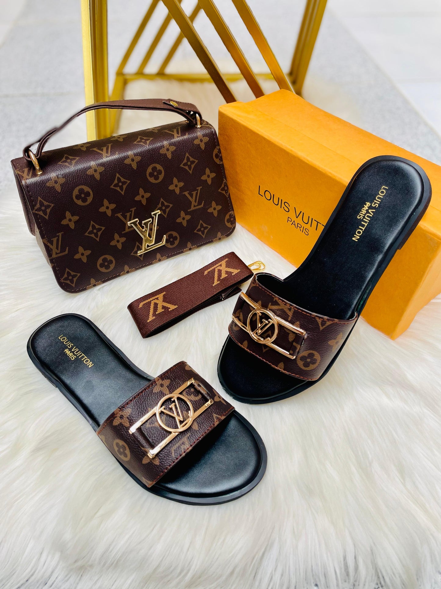 Louis Vuitton LV Lock it Slipper + Louis Vuitton LV Cross Body Bag