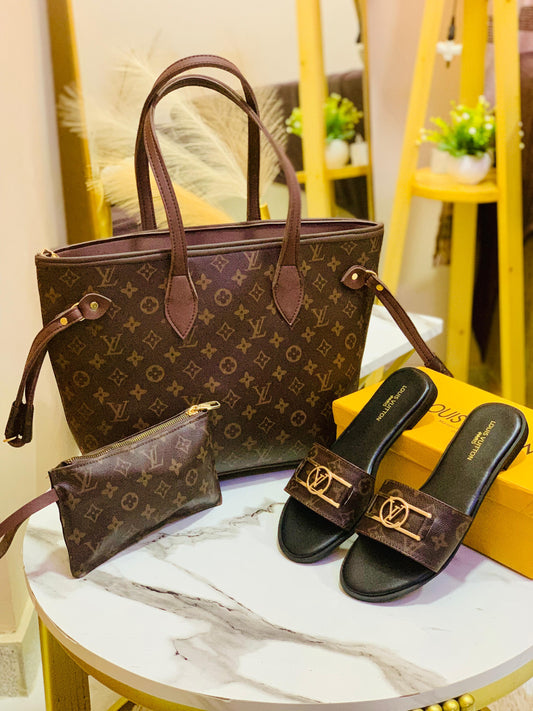 Louis Vuitton LV Lock it Slipper + Louis Vuitton LV NeverFull Tote Bag 👜