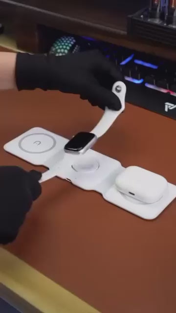 3 in 1 Foldable 3-Steps Wireless Charger (Phones / SmartWatches and EarBuds in One) with Box Packing