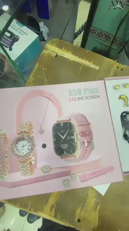 A58 LADIES SMART WATCH With One Gold Watch And Jewellery Items For Free